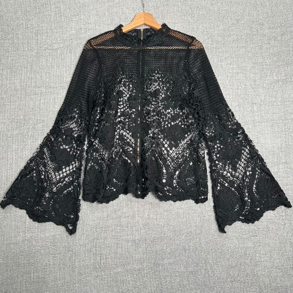 Crochet Grunge Lace Top Black Floral Sheer Bell Sleeve M Dark Fairy Whimsigoth - Picture 13 of 13